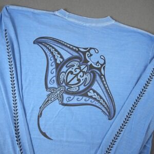 Y2K Crazy Shirts Stingray Tribal Polynesian Blue Dyed Hawaii Long Sleeve Shirt M